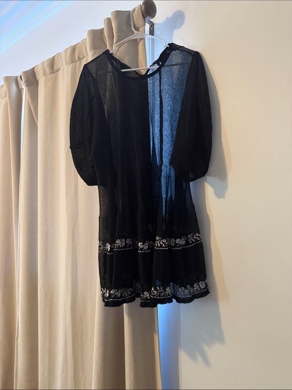 Zara Black Sheer Short Sleeve Embroidered Blouse